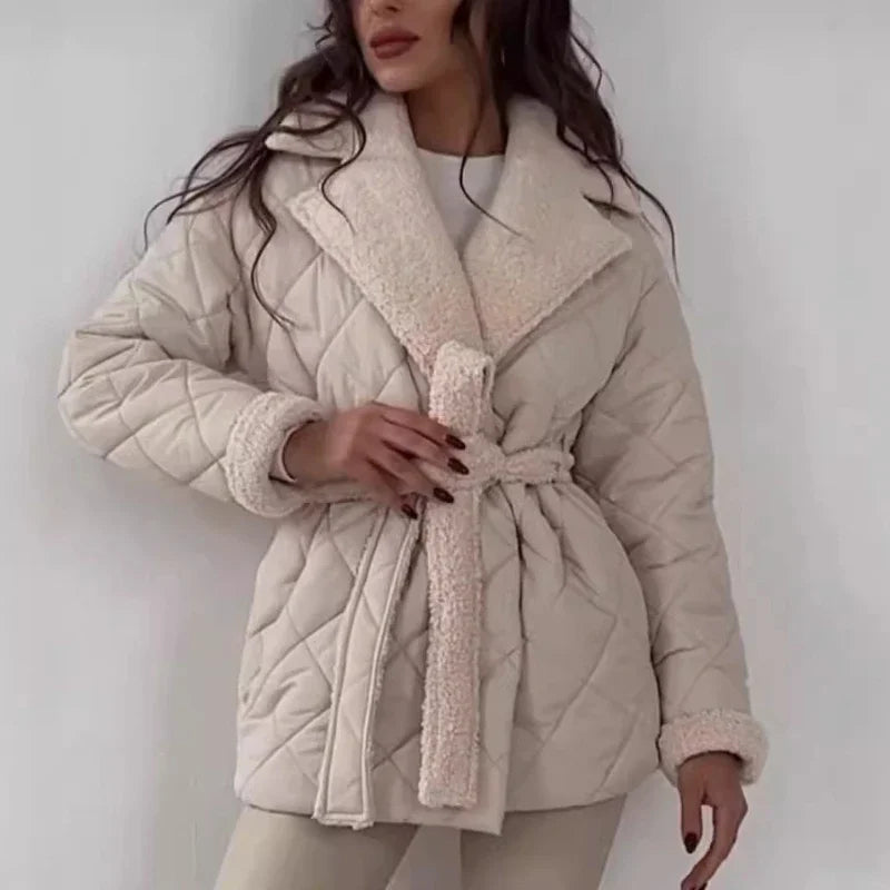 Comfortable And Casual Ladies Cotton-Padded Jacket Lapel Waist Lace-Up Coat Women's  Winter Warm Fashion Design Women's Clothing