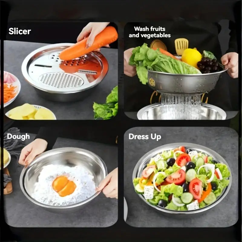 Multifunktionales Küchenbowl-Set aus Edelstahl in Silber mit integrierter Reibe und Kolander-Funktion für vielseitige Zubereitung von Lebensmitteln.