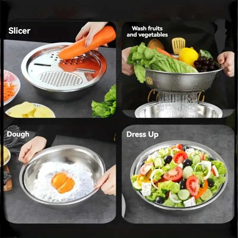 3-Piece Kitchen Set, Stainless Steel Mixing Bowl & Cutting System, Easy Clean Design, Space-Saving, Ideal for Home Cooking