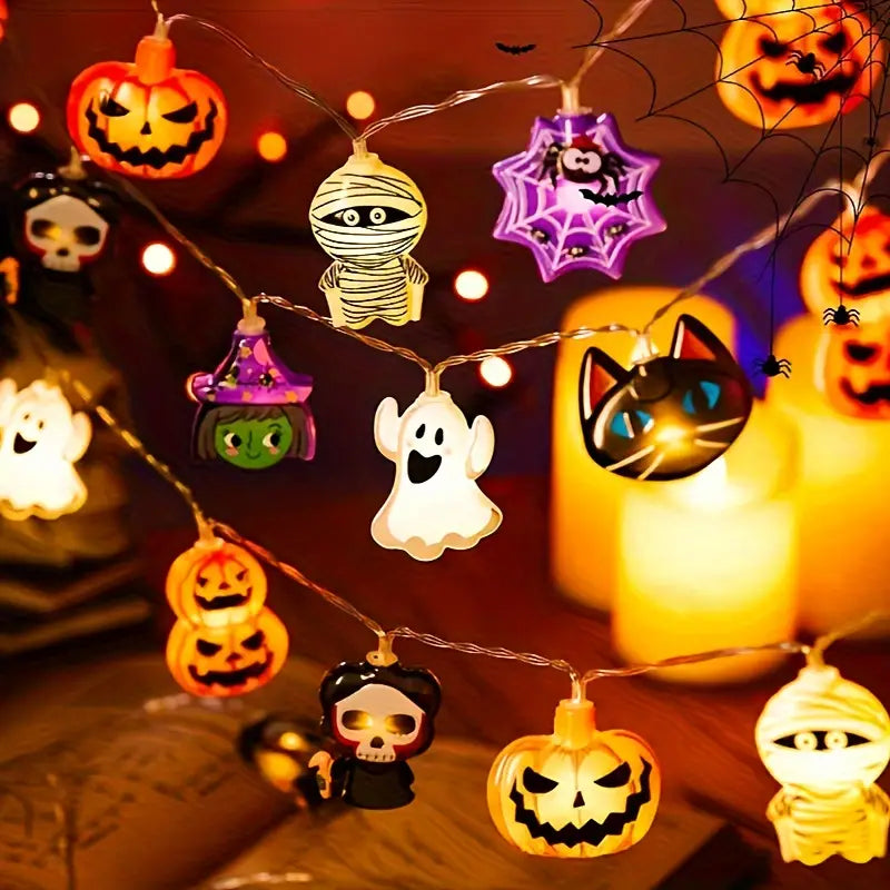 halloween led string lights featuring colorful illuminated pumpkin, ghost, mummy, and spider figurines for festive indoor and outdoor decoration.