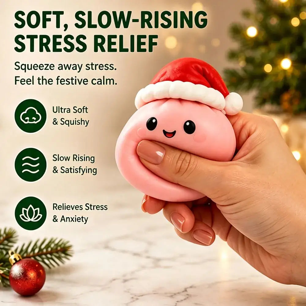 Front view of pink santa-hat-wearing stress ball from 2026 christmas squishy advent calendar with soft texture