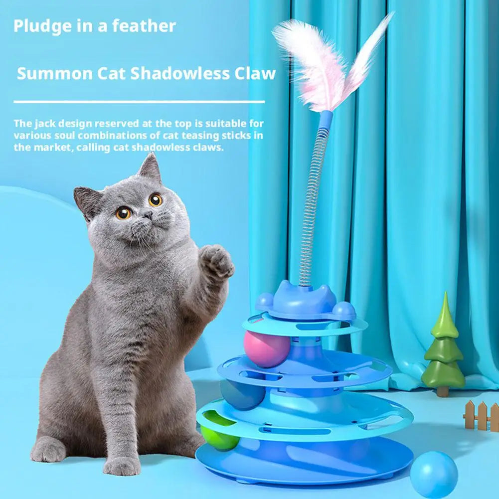 Blue plastic 4-level interactive cat toy tower featuring feather-topped jack and colorful roller balls on rotating tiers for feline entertainment.