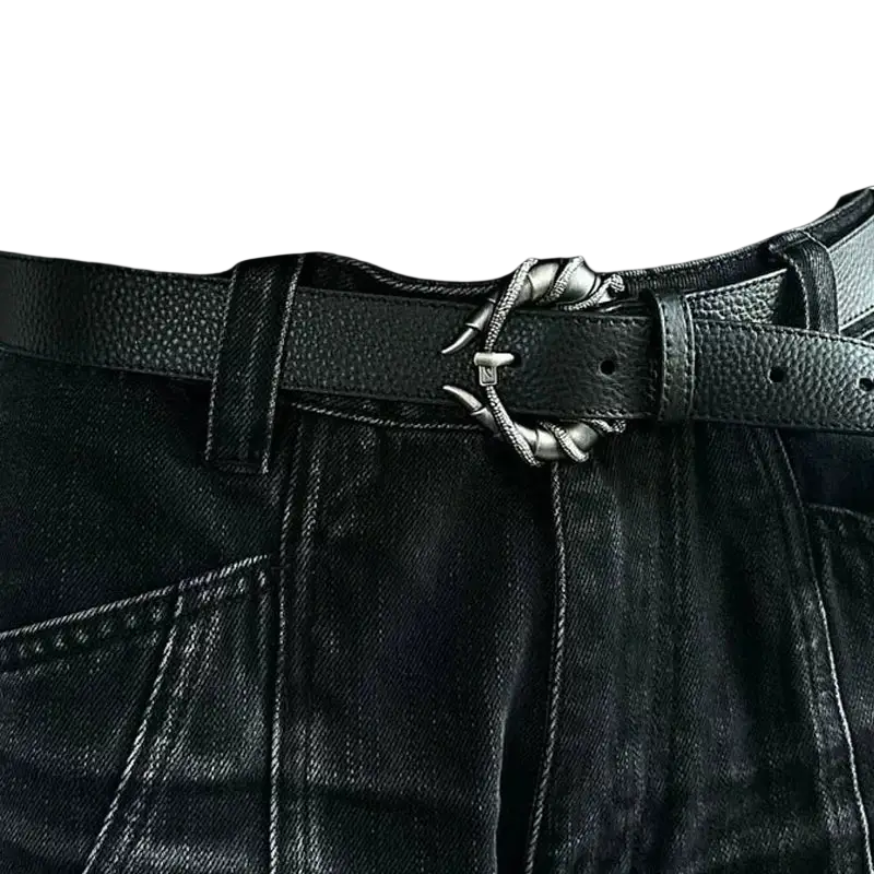 Black textured leather belt with silver claw-like dragon buckle shown from front for plus size y2k decoration