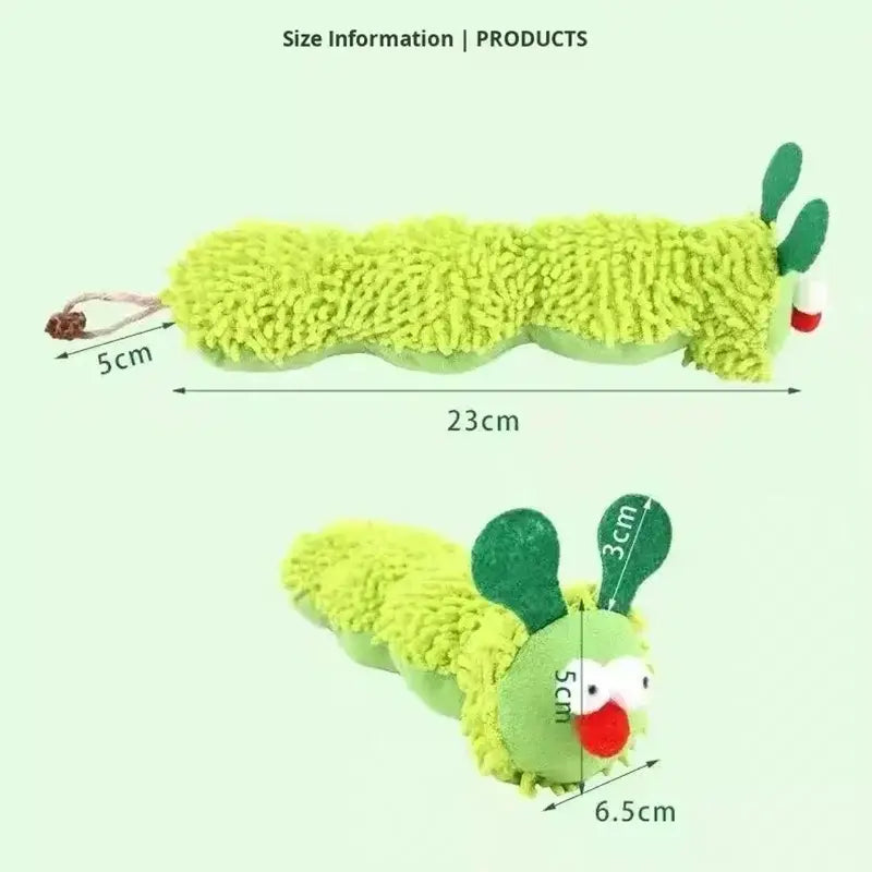 ライムグリーンで、ふわふわした質感の、刺繍のアンテナを備えたインタラクティブに遊べるプラッシュ製キャットニップ・イモムシ型おもちゃであり、猫用おもちゃおよびペット用品の一品として設計されています。