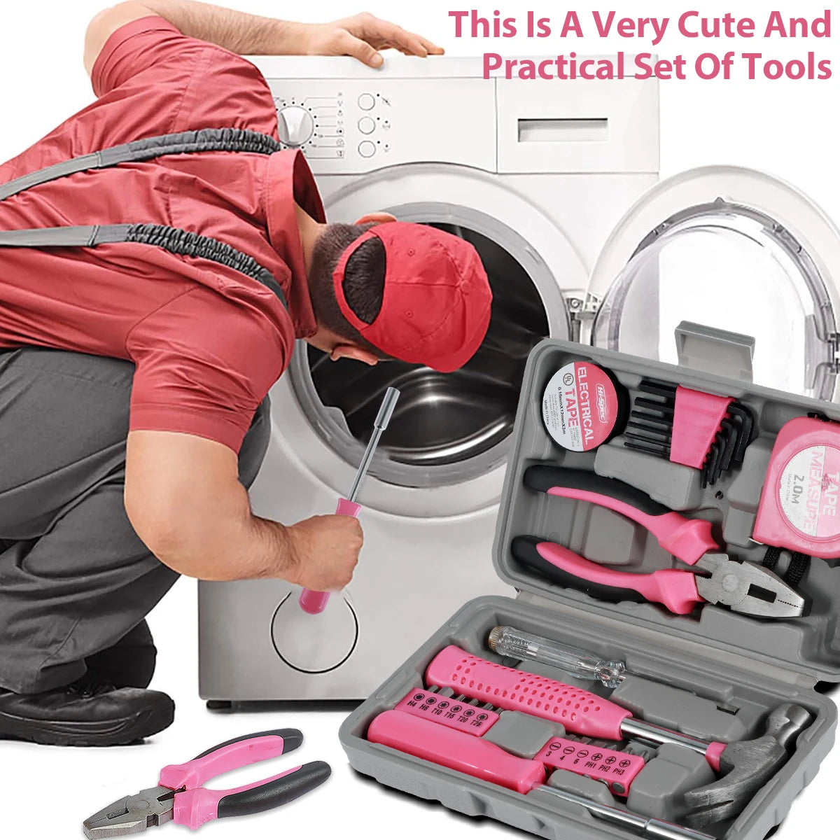 13/24Pcs Household Repair Tool Kit Multi-Purpose Pink Home Hand Tool Set with Storage Case Durable Hammer and Allen Key Set