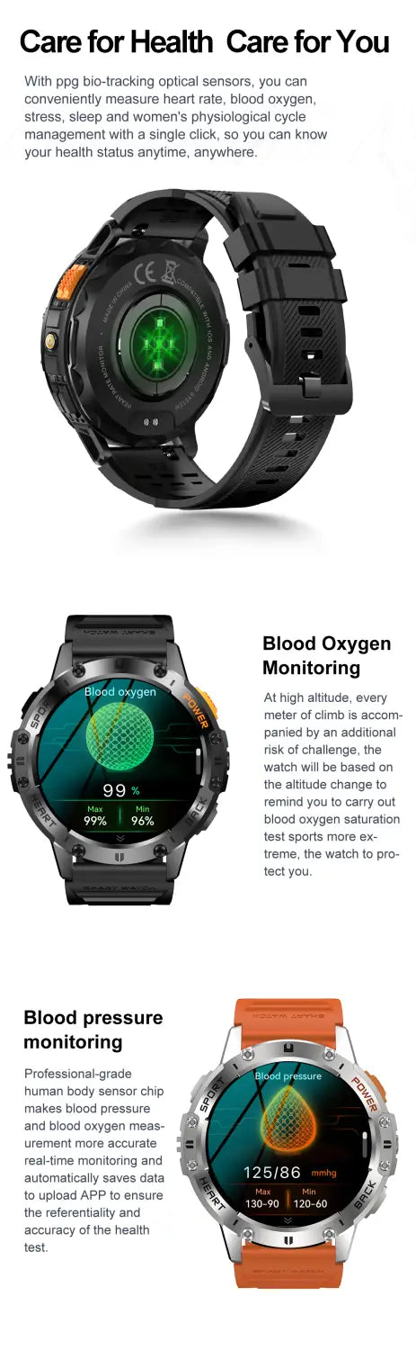 Amoled smart watch with heart rate detection featuring a black round digital display showing blood oxygen and blood pressure metrics, a sleek metallic bezel, and a sporty band made of durable material.