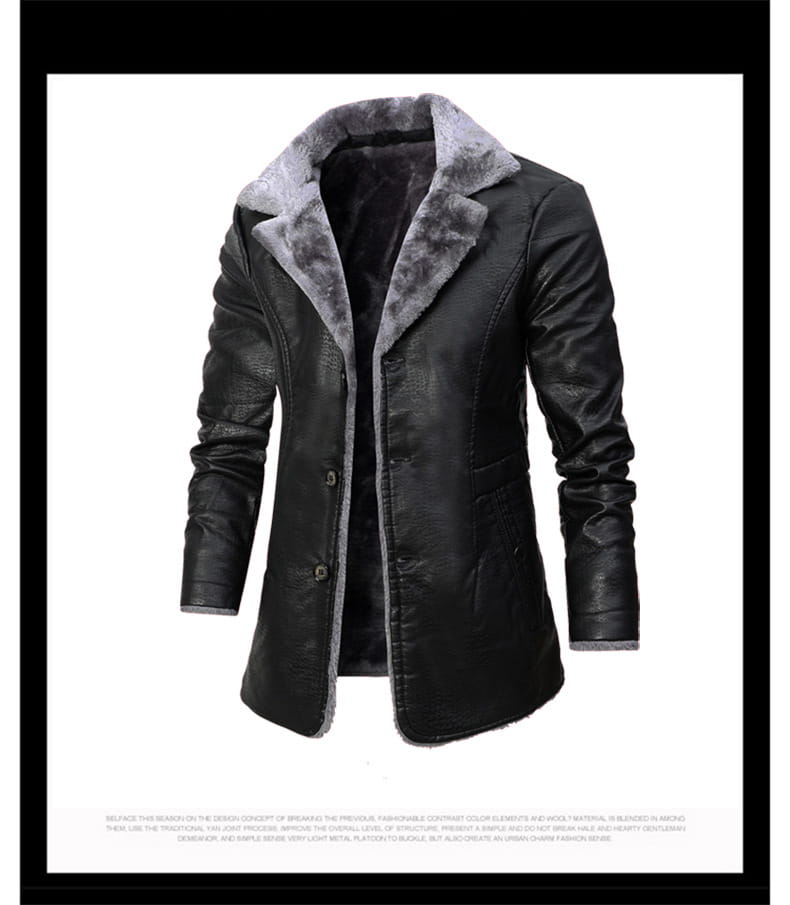 gabardina de cuero para hombre con forro de vellón, chaqueta de invierno, en negro, con cuello y puños acolchados con piel gris forrada de borreguillo.