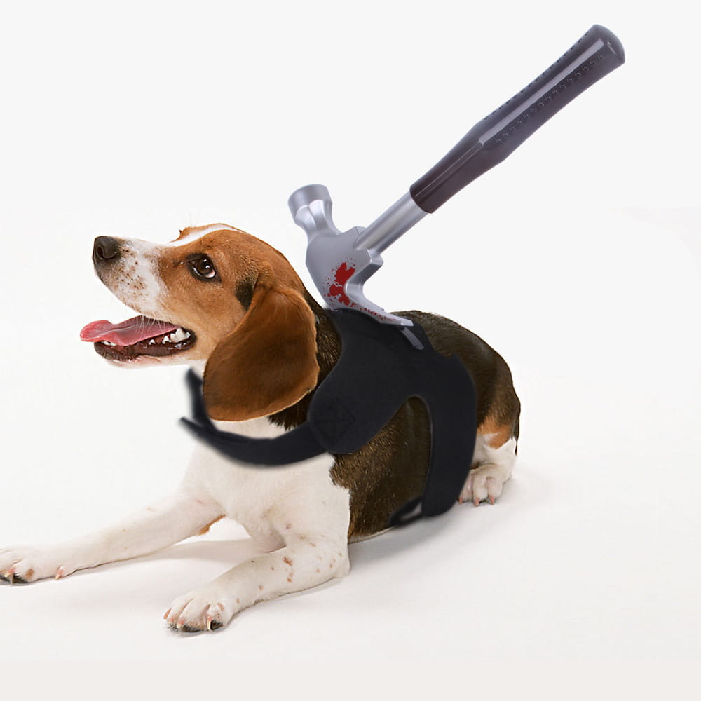 ビーグル犬が身に着ける、シルバーの頭部と黒い持ち手を備えた、ハンマー形の黒い衣装アクセサリー。面白い武器の犬用ハロウィーンコスチュームのための3〜10cmの調整付き。