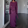 Elegant O-neck Formal Occasion Party Gown Women Causal Flared Sleeve Draped Evening Dress Fashion Waist Solid Slim Wedding Dress