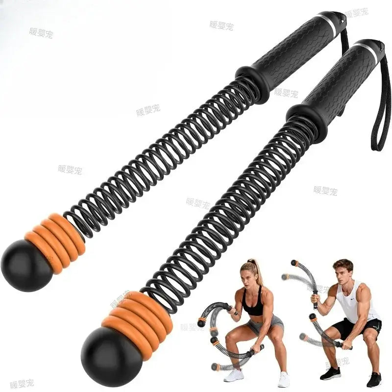 black and orange ropeless battle rope adjustable fitness training equipment with textured grips, coiled springs, and black spherical ends for resistance training.
