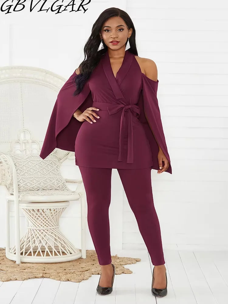 Women Going Out Party Black Cloak Sleeve Jumpsuits Casual V-Neck Top Cape Skirt Pencil Pants Suit Winter Lady Jumpsuit With Belt