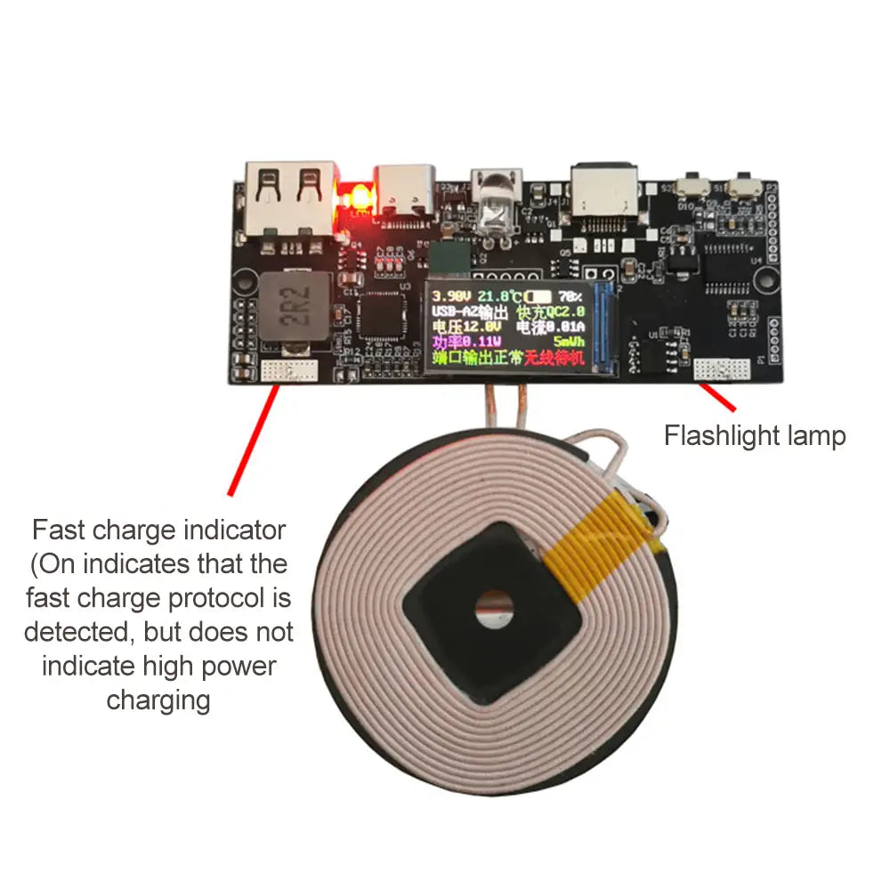 black wireless charging circuit board with a coiled beige and black magnetic coil below it showing a 22.5w fast charging wireless charger module with lcd display and output support features