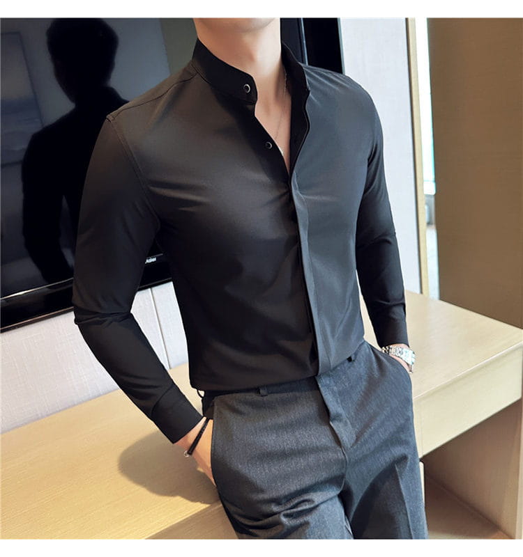 Black slim fit men dress shirt with stand collar and buttoned front designed for formal use ensuring the correct size for a polished appearance