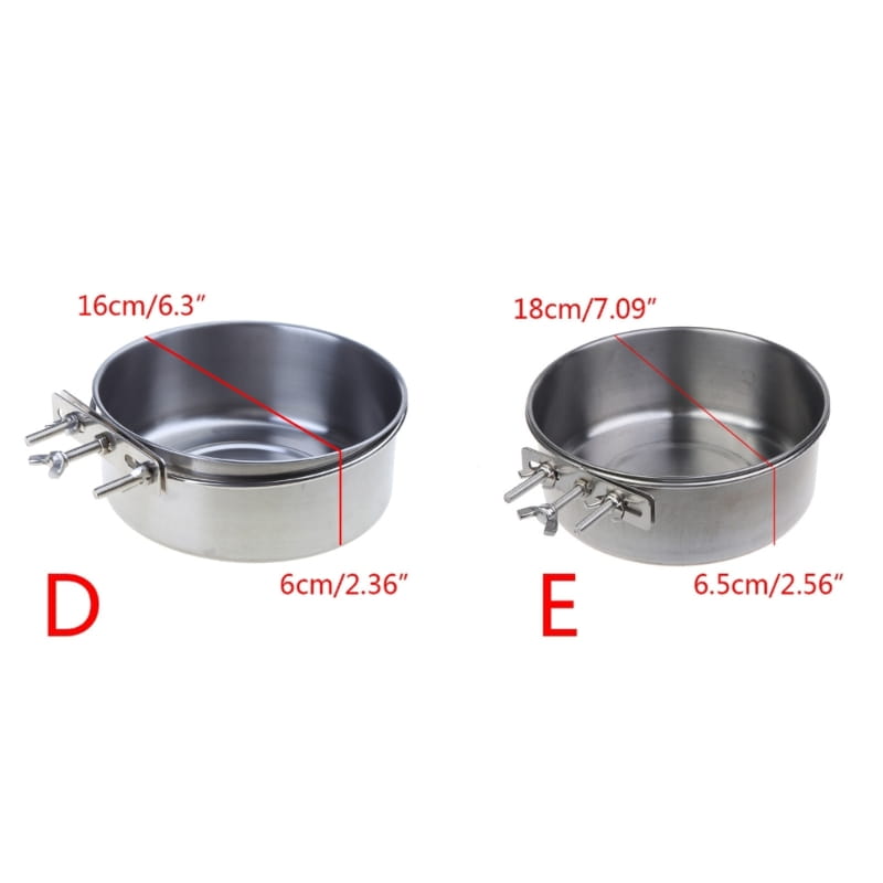 stainless steel cage food dispenser featuring a side-mounted clamp mechanism for secure attachment to cages