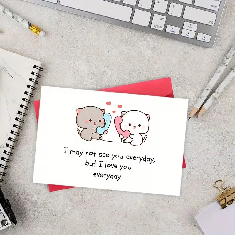 Valentine's Day Card with Envelope, Cute Kitten on Phone, 'I Love You Every Day' Card, for Couples, Anniversaries, Birthdays