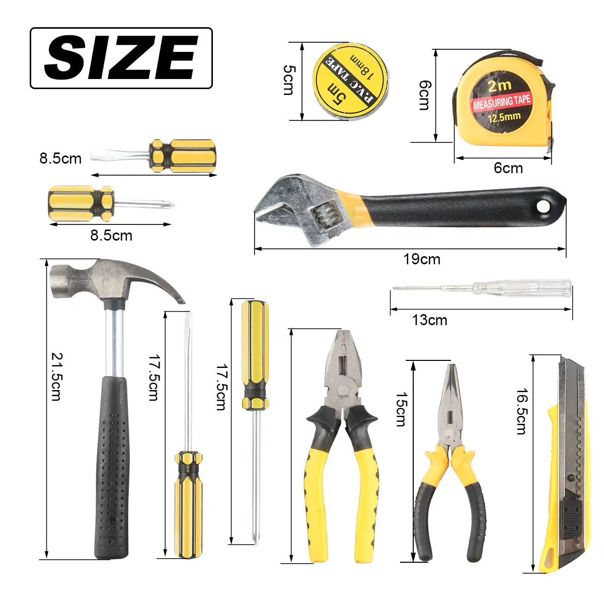 Llave ajustable con mango amarillo y negro y cabeza metálica del conjunto de herramientas manuales domésticas Wozobuy con estuche de almacenamiento.