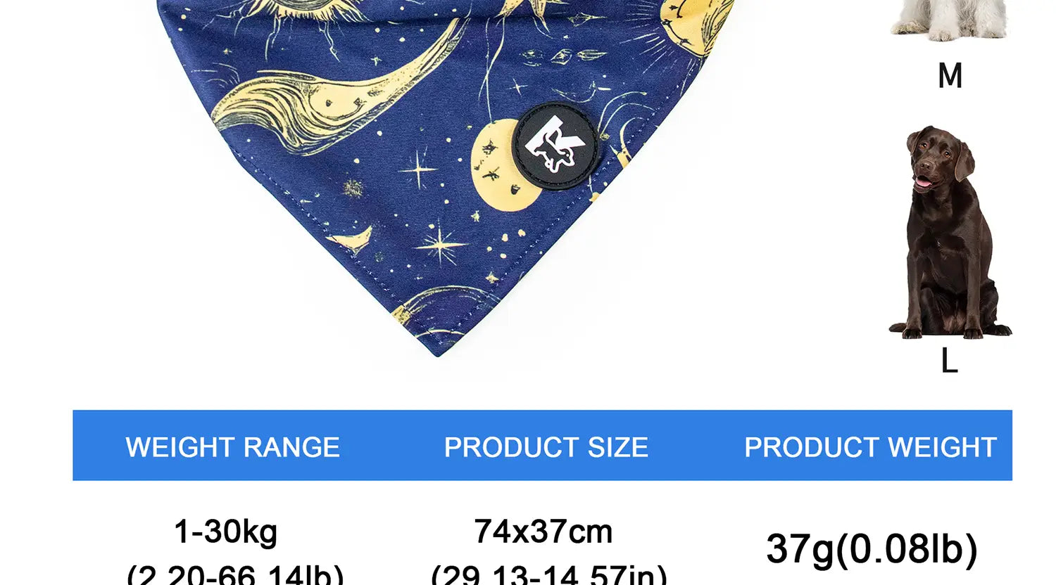 Ensemble de harnais pour animal de compagnie bleu bandana avec circonférence du cou réglable, présentant un motif céleste de lunes, d’étoiles et d’une comète sur un tissu bleu foncé, avec collier et laisse pour animal de compagnie