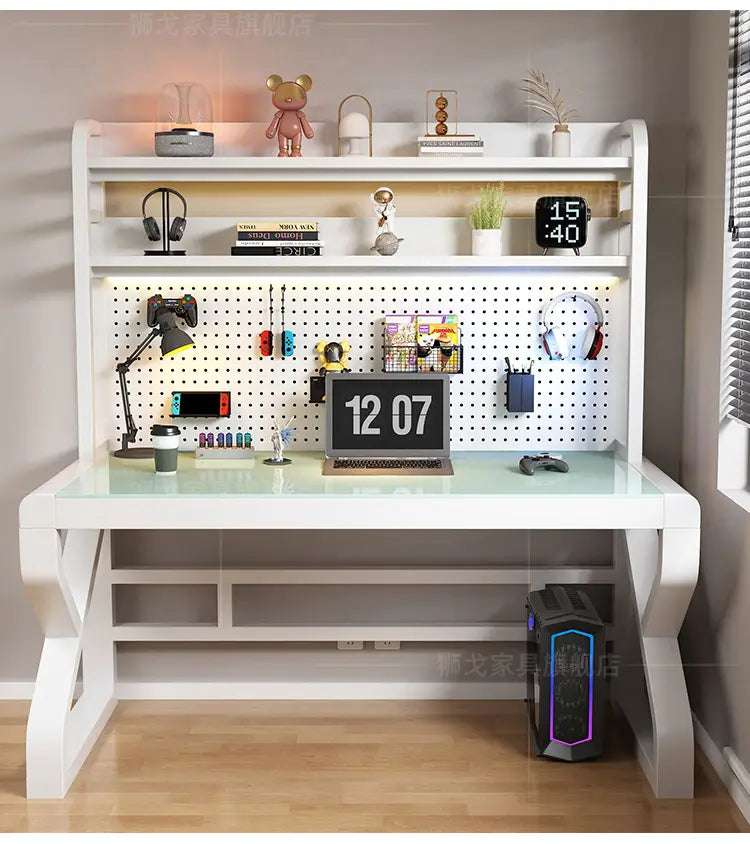 Modern glass office desk with white glass top and integrated white pegboard shelf system for organized storage and workspace optimization.