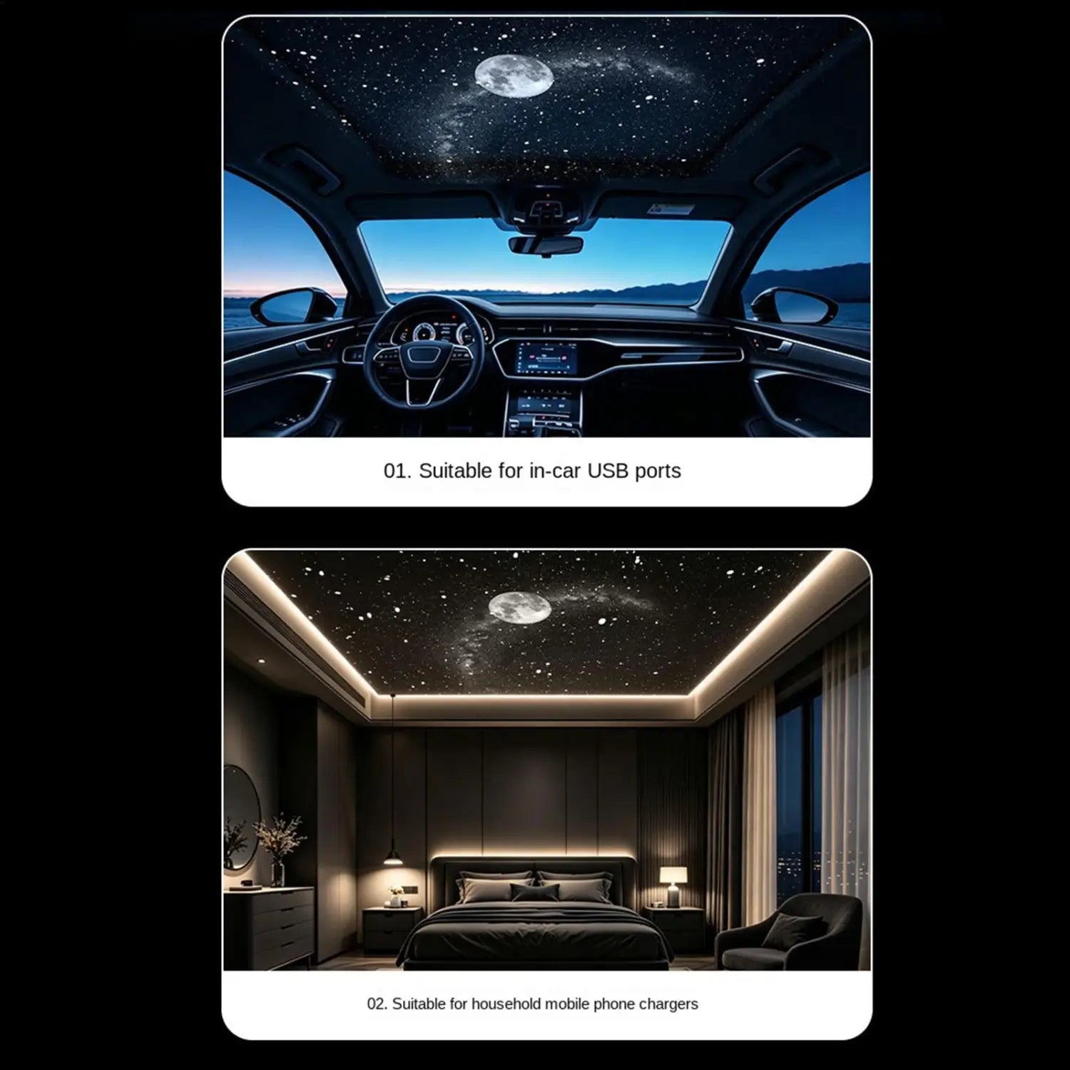 Galaxy-Projektor-Nachtlampe mit Sternenhimmel-Decken-Design, mit leuchtendem Mond- und Galaxymuster für die Nutzung an USB-Anschlüssen im Auto oder an Ladegeräten für Mobiltelefone im Haushalt; umfasst 24 Folien.