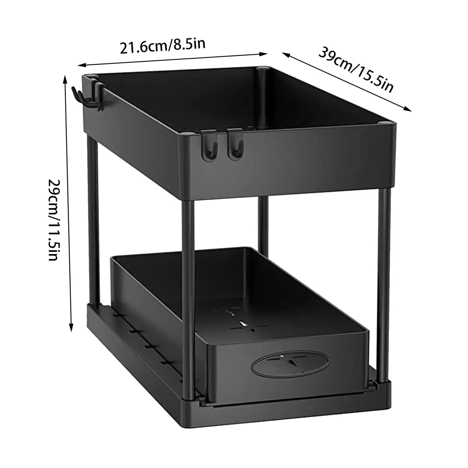 Rangement pour organisateur d’évier coulissant à deux niveaux de couleur noire, avec crochets sur l’étagère supérieure et un trou d’évacuation sur le bac inférieur, pour le rangement de placard de cuisine et de salle de bain