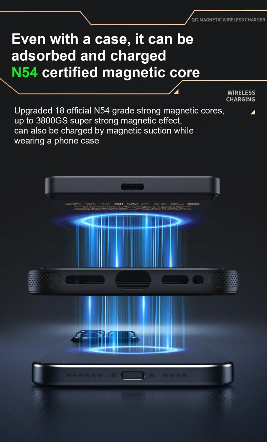 Schwarze Qi2-Magnet-Wireless-Powerbank 10000mAh mit einem N54-zertifizierten Magnetkern sowie aufgerüstten 18 offiziellen N54-Grade-Starkmagnet-Kernen.