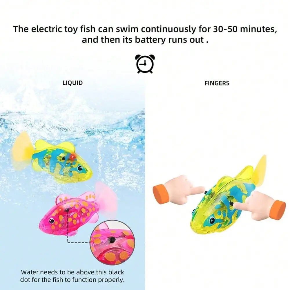 Colorful translucent interactive robotic fish cat toys with vibrant yellow, blue, and pink patterns swimming in water or manually activated by fingers are designed as engaging toys type for pets.