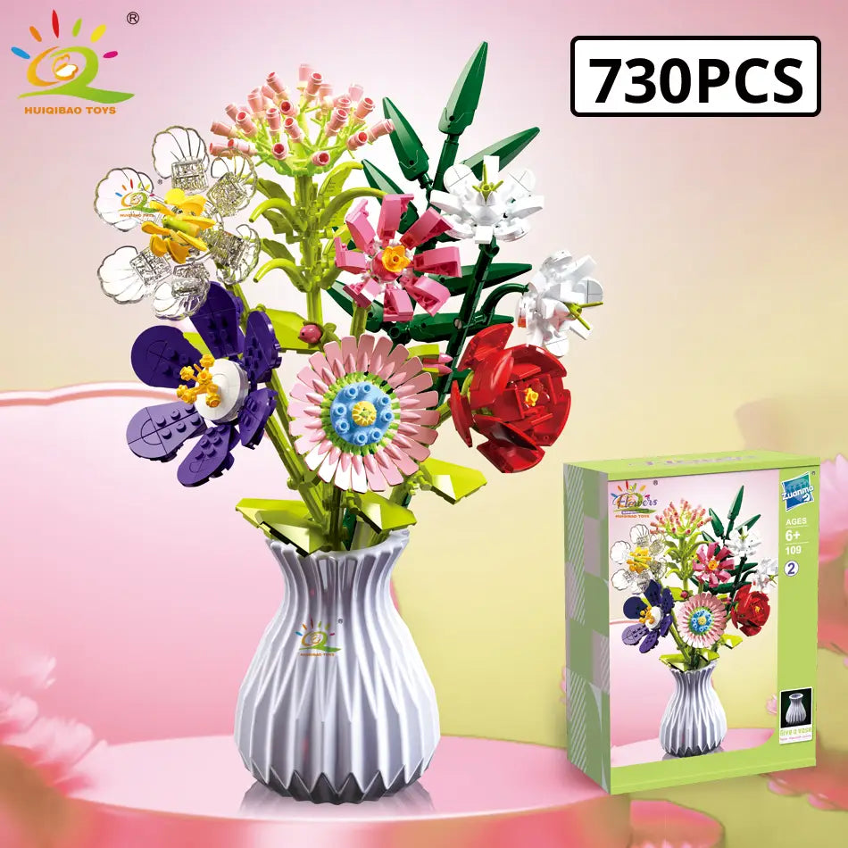 Un bouquet de fleurs coloré construit en briques Lego dans un vase cannelé blanc, issu de l’ensemble de bouquet de fleurs en briques, pour les amateurs de blocs.
