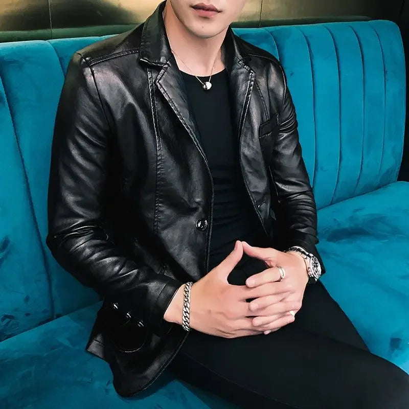 Leather Jacket for Men Thin Coats Slim Fit Spring Autumn Handsome Vintage Man Suits and Blazers Clothing Casual Clothes Original