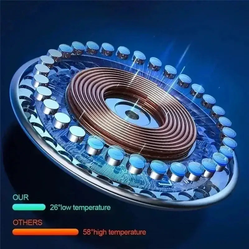 Ein elegantes, rundes magnetisches kabelloses Lade-Spulenmodul mit Kupferwicklungen und metallischen Kondensatoren, vor einem leuchtend blauen Leiterplatten-Hintergrund für magnetische kabellose Ladung bei Pro-Max-Modellen.