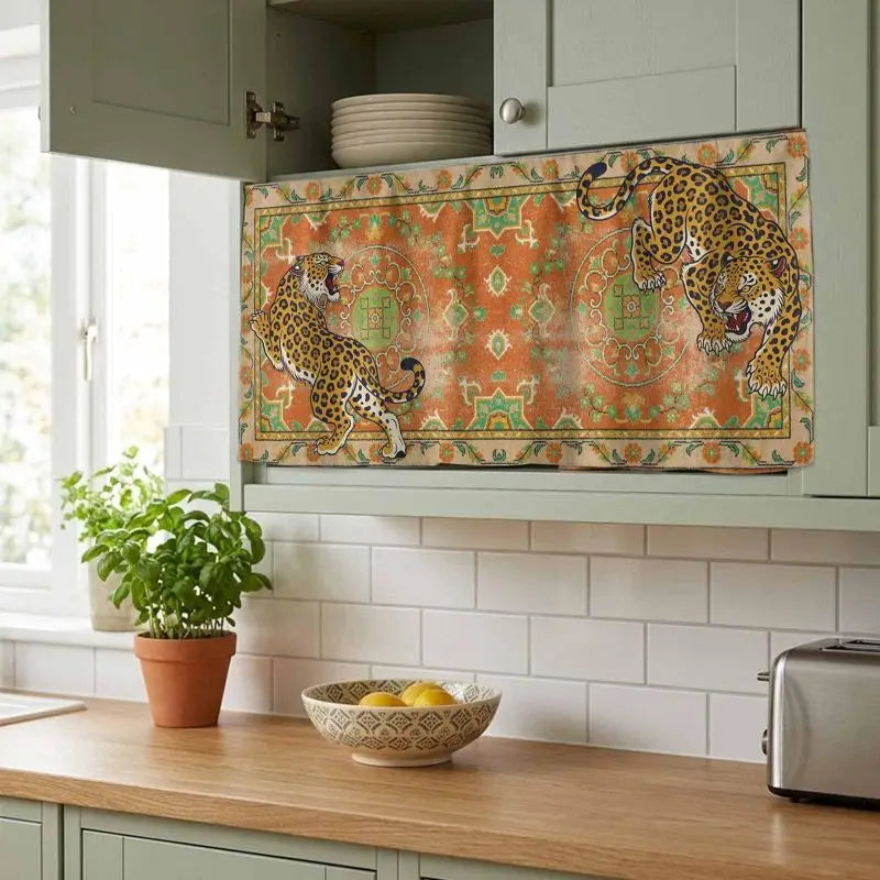 VIKAMA Boho Antique Leopard Pattern Cabinet Curtain Oriental Rug Under Sink Dust Cover Kitchen Counter Decor Short Curtain