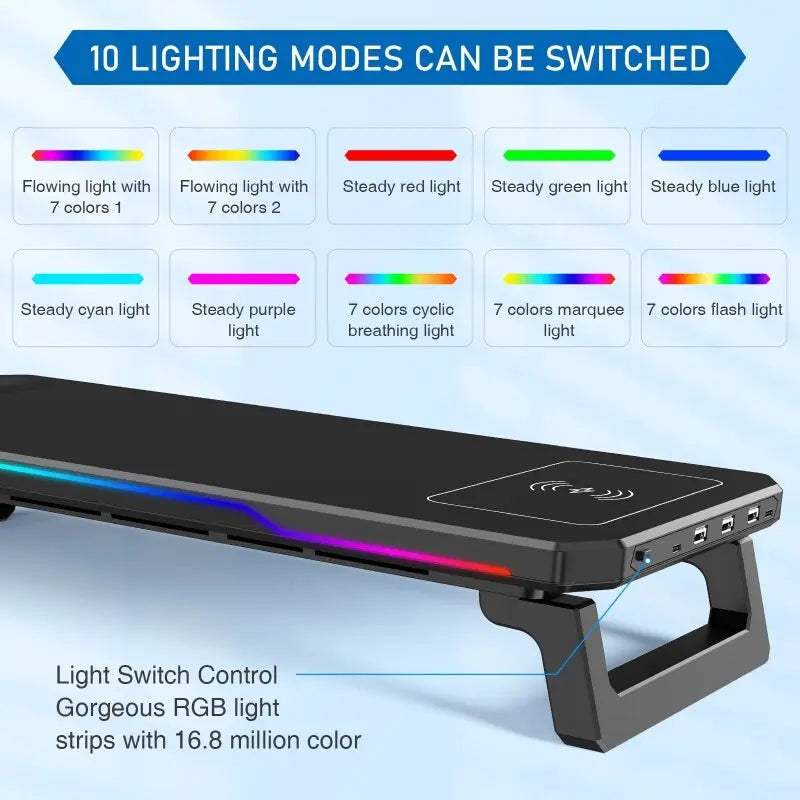 Soporte para monitor de computadora negro con tiras de iluminación RGB y almohadilla de carga inalámbrica que admite el voltaje del puerto de entrada para mejorar la funcionalidad de la carga inalámbrica.