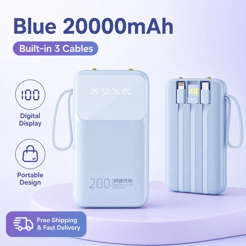 20000mAh Portable Power Bank Built-in 3 Cables Rechargeable External Battery Pack with Digital Display for iPhone Android