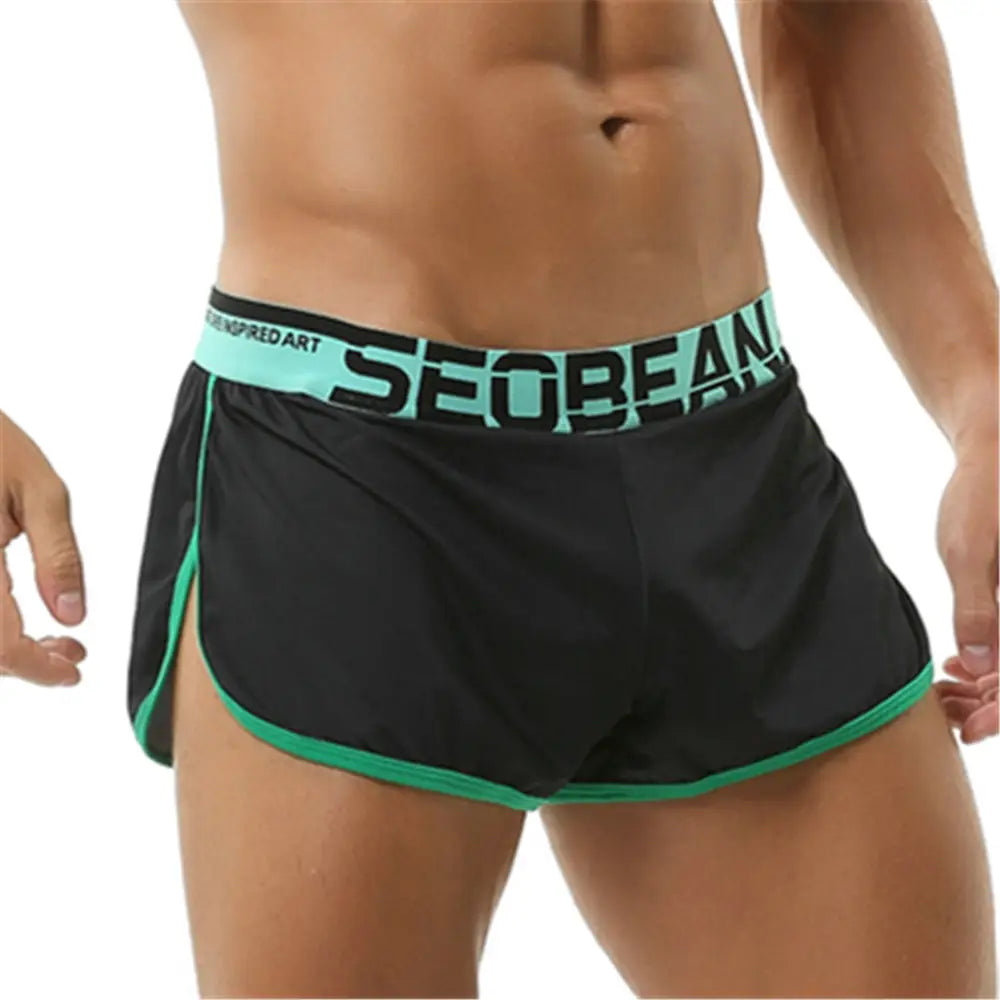 Boxer briefs para hombre transpirables, atléticos y de dormir, de color negro, con ribete turquesa y un logotipo seobeean en negrita en la pretina.