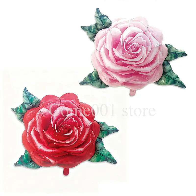 Pink and red rose-shaped foil balloons with green leaves for party decorations.