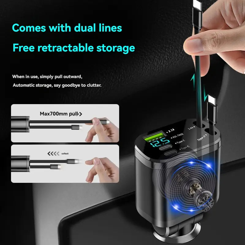 Black and silver 5-in-1 fast retractable car charger with dual USB ports, type-C port, and digital display showing voltage and current output.
