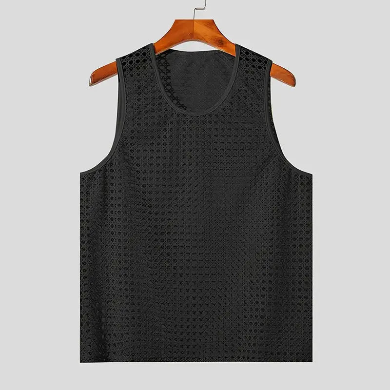 Débardeur en maille noir sans manches pour hommes, présentant un motif délicatement travaillé, idéal pour les tenues d’été décontractées.