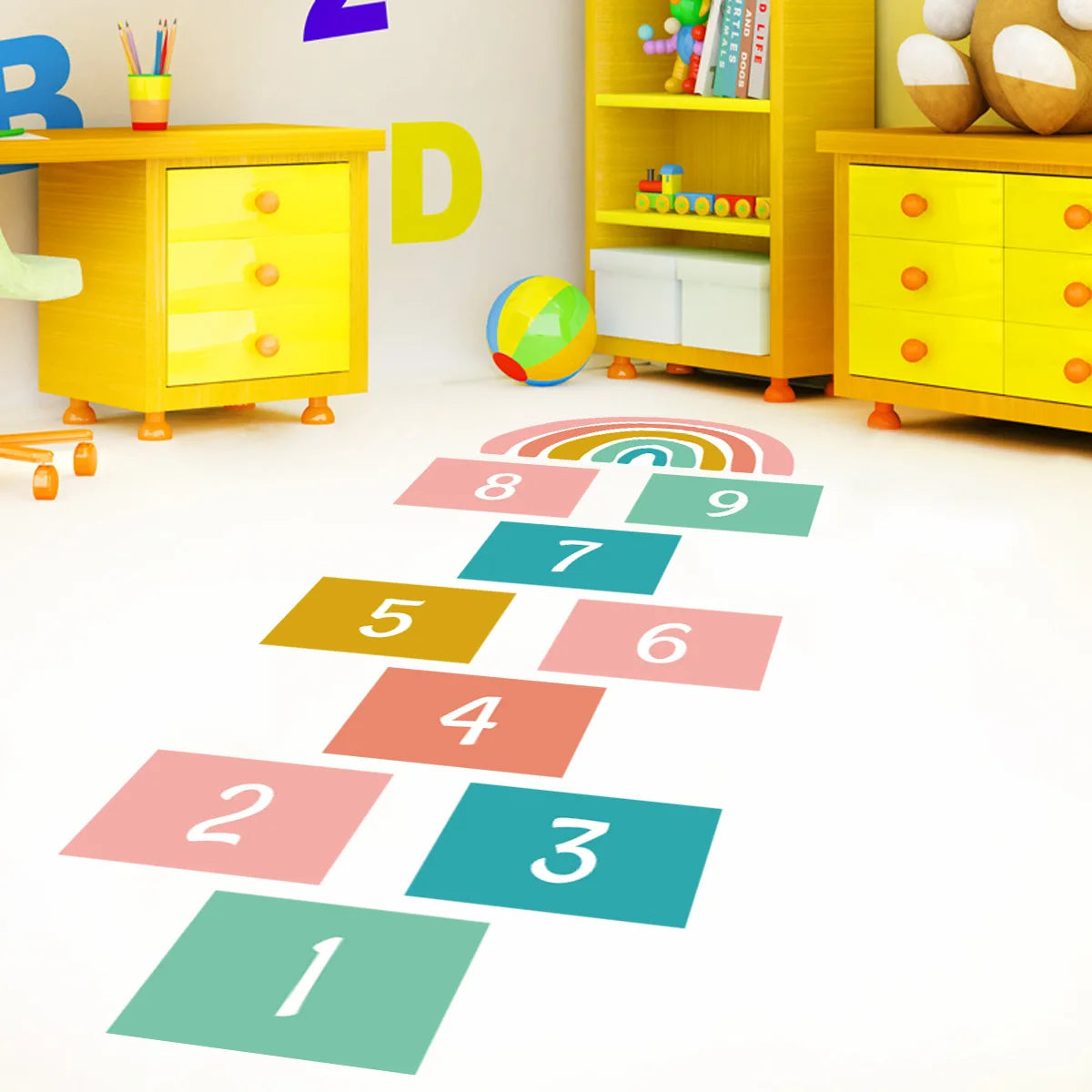 kids room floor decoration 3d number game sticker self adhesive cartoon rainbow wall art decal