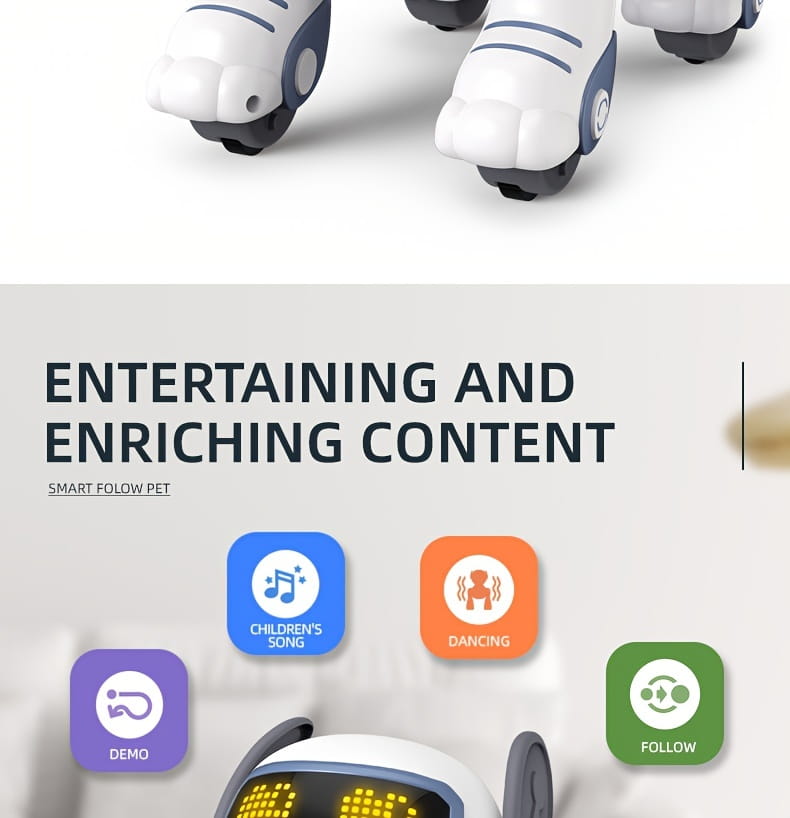 White and blue remote control robotic dog toy with sleek plastic body, black wheels, and rechargeable battery designed for interactive play.