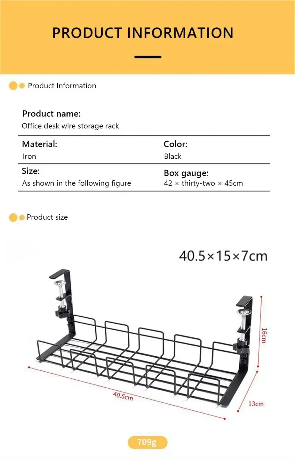 Black iron under desk cable management tray metal wire rack with adjustable clamps and grid design for office desk wire storage.