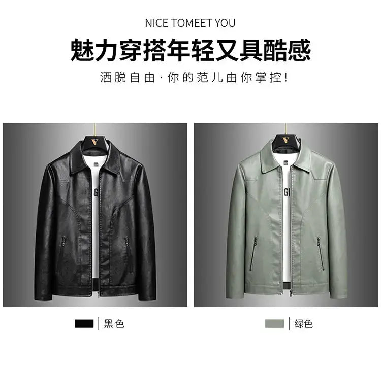 men’s light green faux leather moto jacket featuring a classic collar and front zipper closure