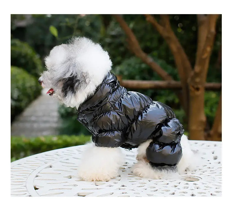 小型犬向けの、暖かいコットンで作られたブラックの光沢パファーコート。ペット服用のパピー防風デザインとして、冬の使用に適しています。