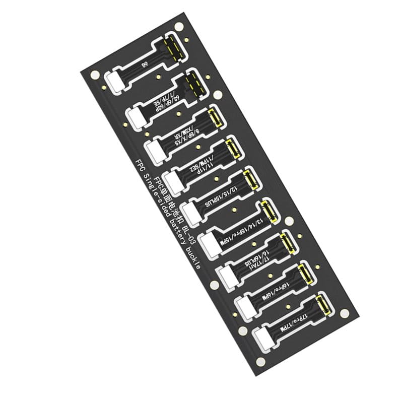 black rectangular battery connector buckle board with ten gold-plated connectors and white printed labels for iphone 6 to 17 pro max battery connector tool kit used to manage tracking number at the local post office