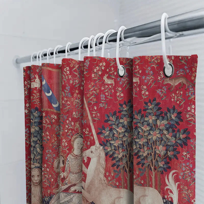 Red Floral Curtain with Medieval Tapestry Design for Bathroom Decor – Luxury Unicorn Bath Rug Shower Curtain Waterproof Home Dec