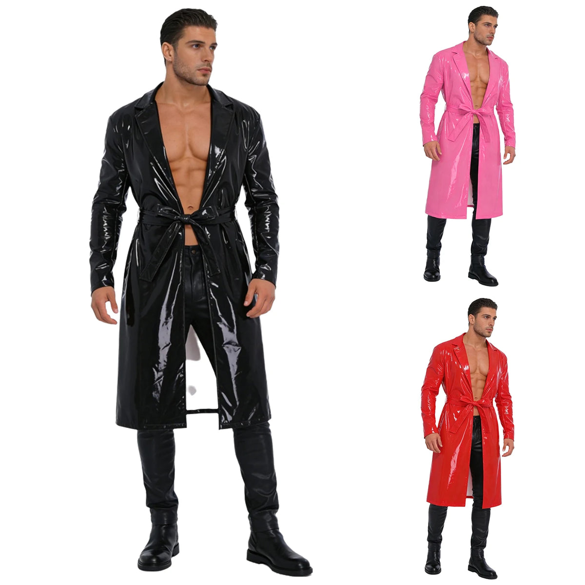 Mens Glossy Long Trench Coat Blazer Lapel PU Leather Open Front Long Jackets with Belt for Casual Life Streetwear Party Clubwear