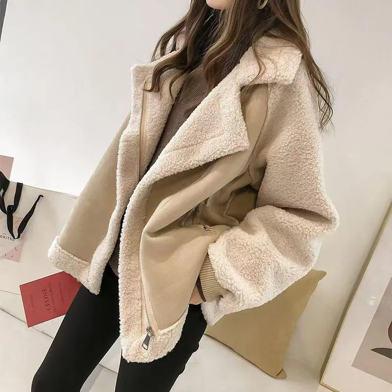 Winter Warm Fleece Jacket Women Fashion Suede Lamb Wool Patchwork Thicken Outerwear Female Loose Zipper Lapel Motorcycle Coats