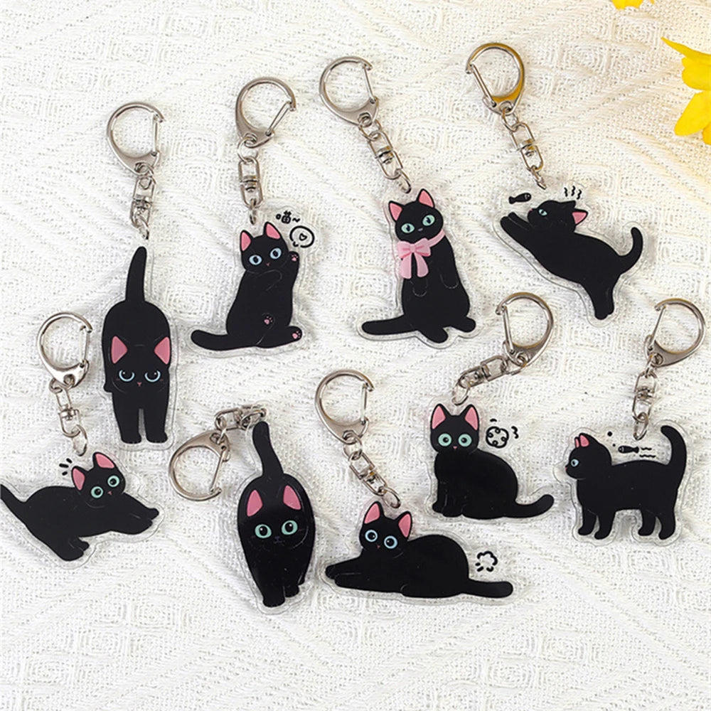 Cute Black Cat Acrylic Keychains Cartoon Animals Kitten Charm Bag Backpack Pendant Car Keyring for Men Women Aaccessories Gifts