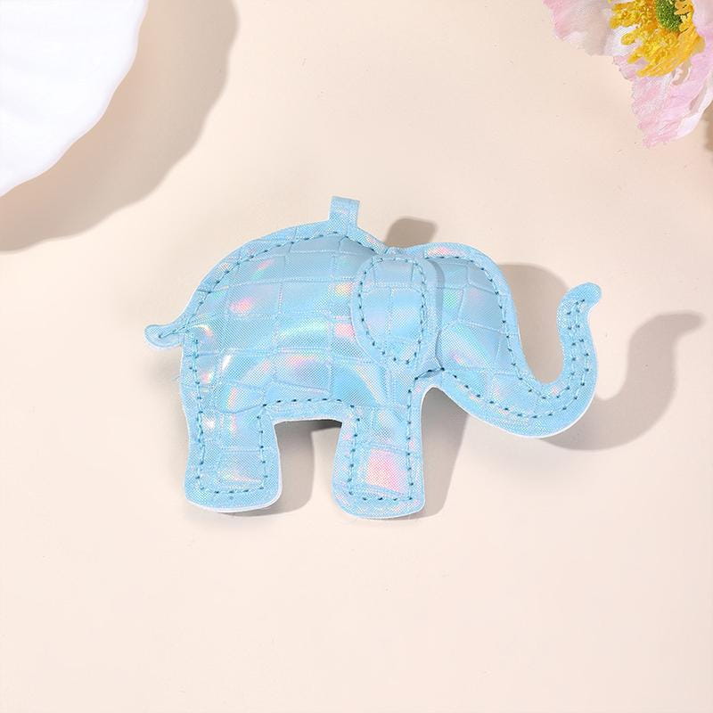 A light blue iridescent pu leather elephant keychain with crocodile skin texture and stitched details for diy animal charm.
