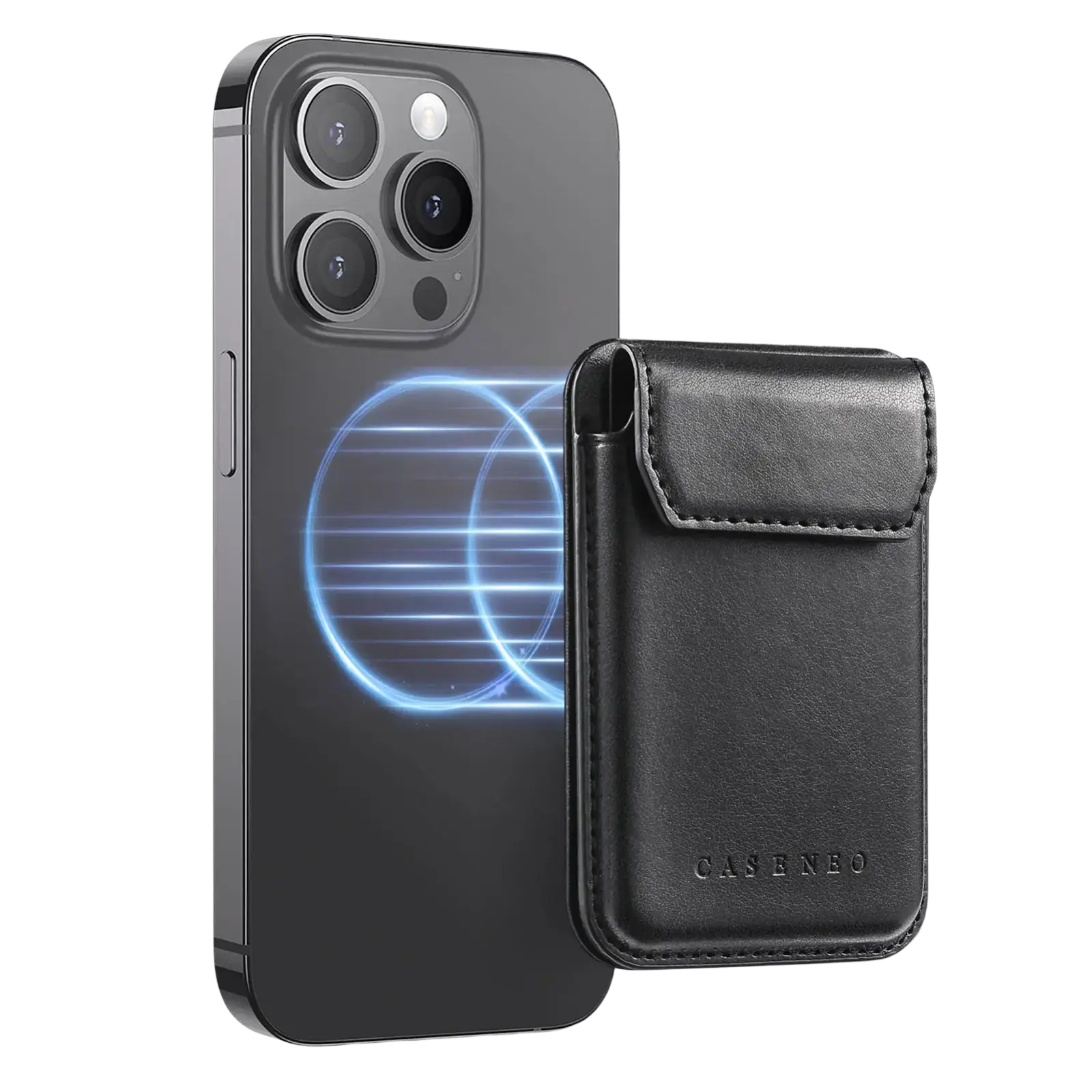 Schwarzer Leder-Handy-Kartenhalter mit genähtem Klappverschluss und von der Vorderseite aus sichtbarer Prägung „case neo“.