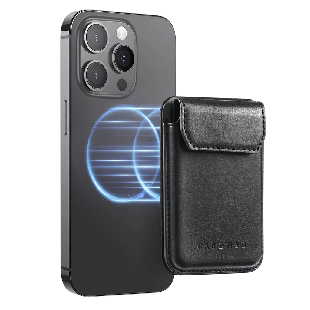 Black leather phone card holder with stitched edges and caseneo embossed at the bottom suitable for magsafe use