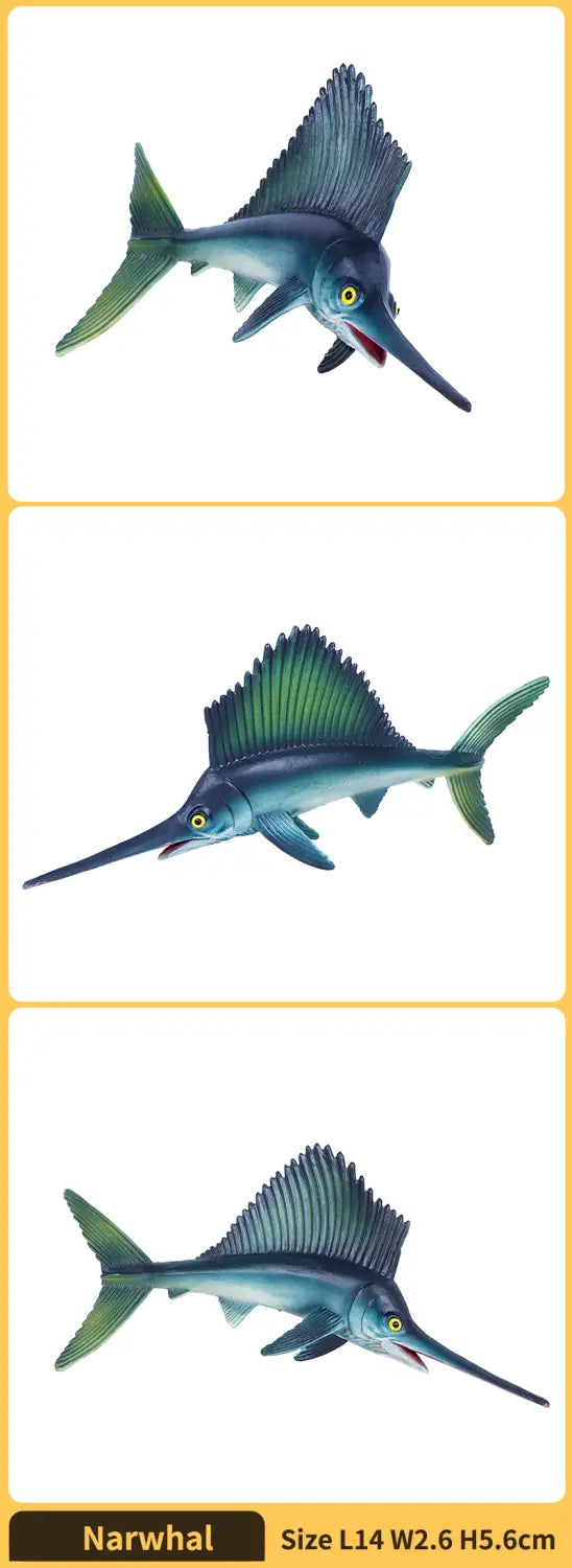 Blau-grüne Kunststoff-Segelfischfigurine als Fertigprodukt aus PVC mit detaillierten Flossen, scharfem Schnabel und gelben Augen, Tier-Spielzeug